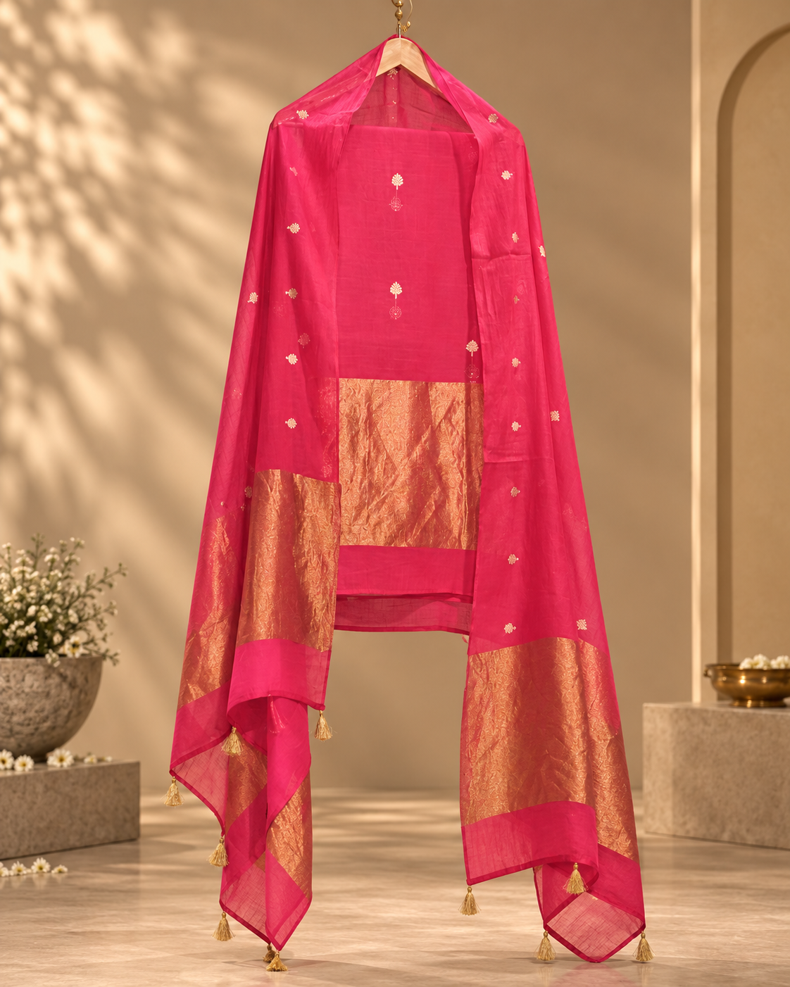 Mazenta Pure Mul Banarasi Weave Suit with Flowing Dupatta