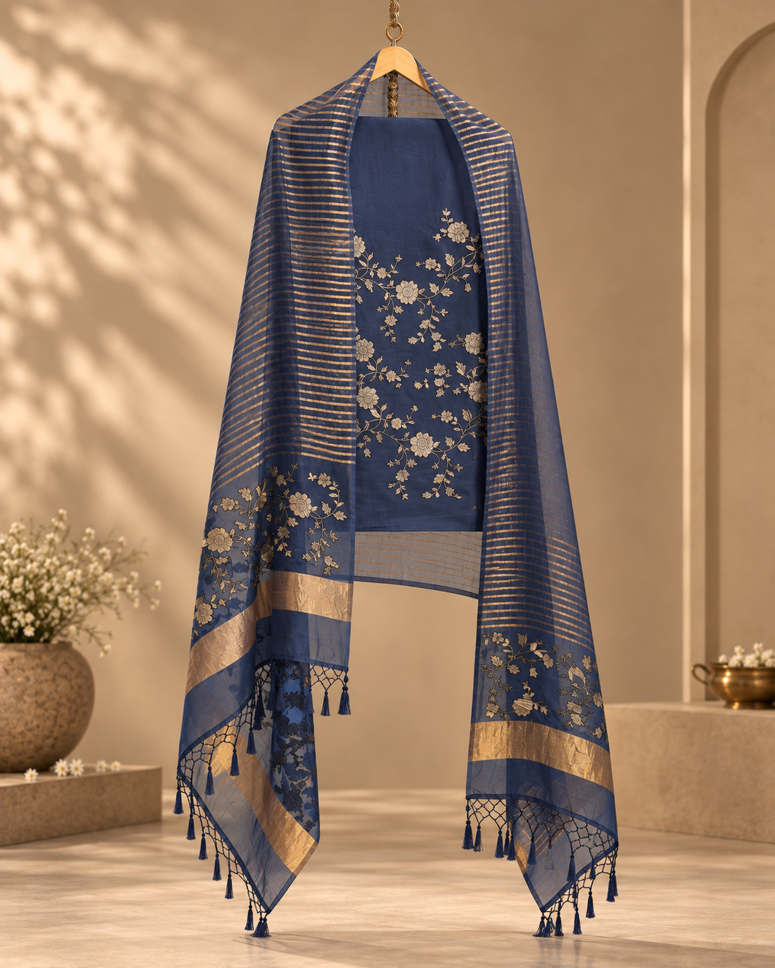 Pure Silk Organza and Banarasi Tissue Scalloped Suit