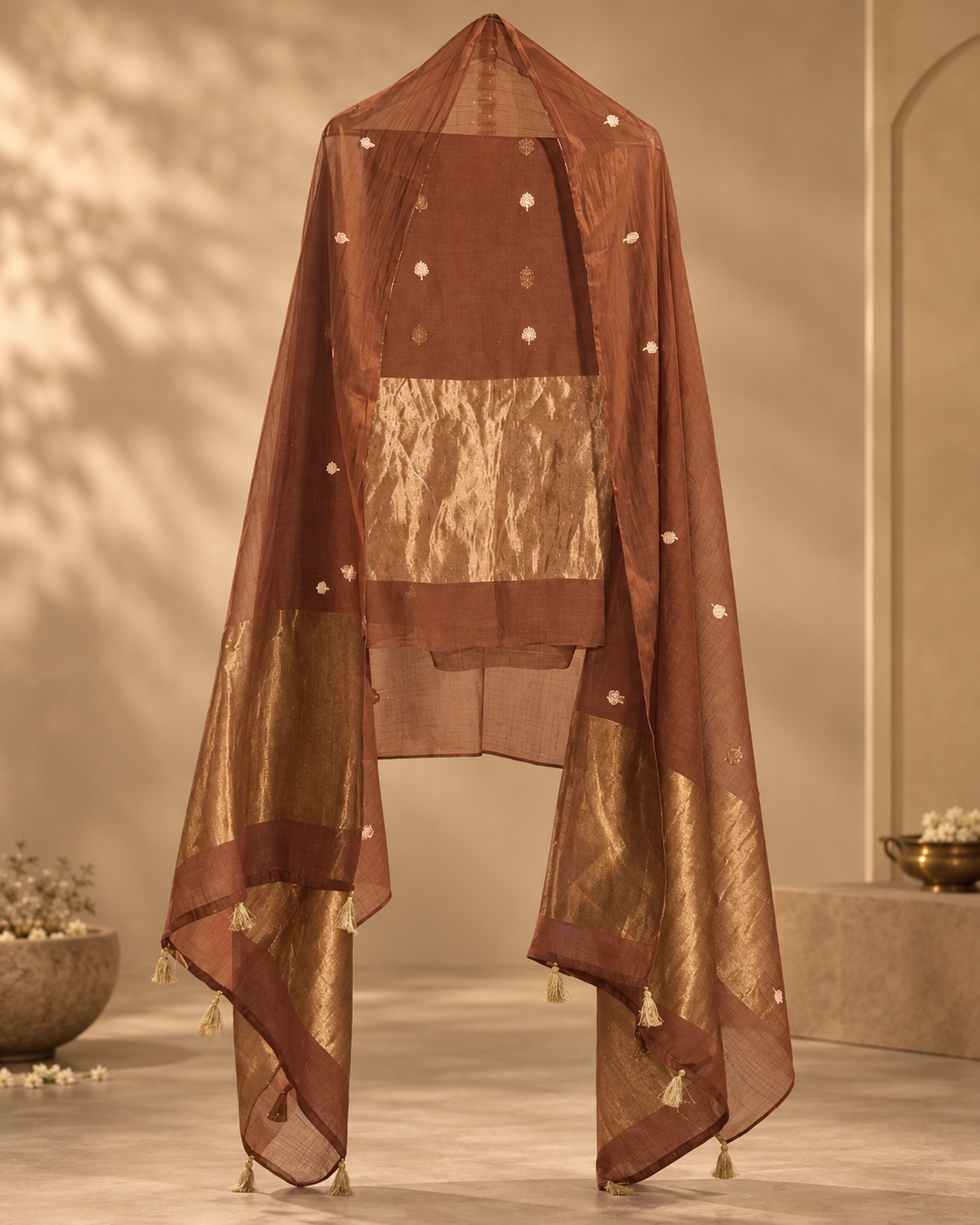 Brown Pure Mul Banarasi Weave Suit with Flowing Dupatta