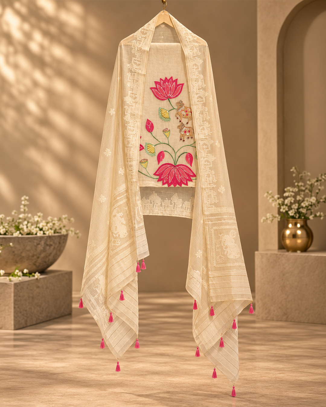 Pichwai-Inspired Pure Jamdani Suit with Woven Dupatta