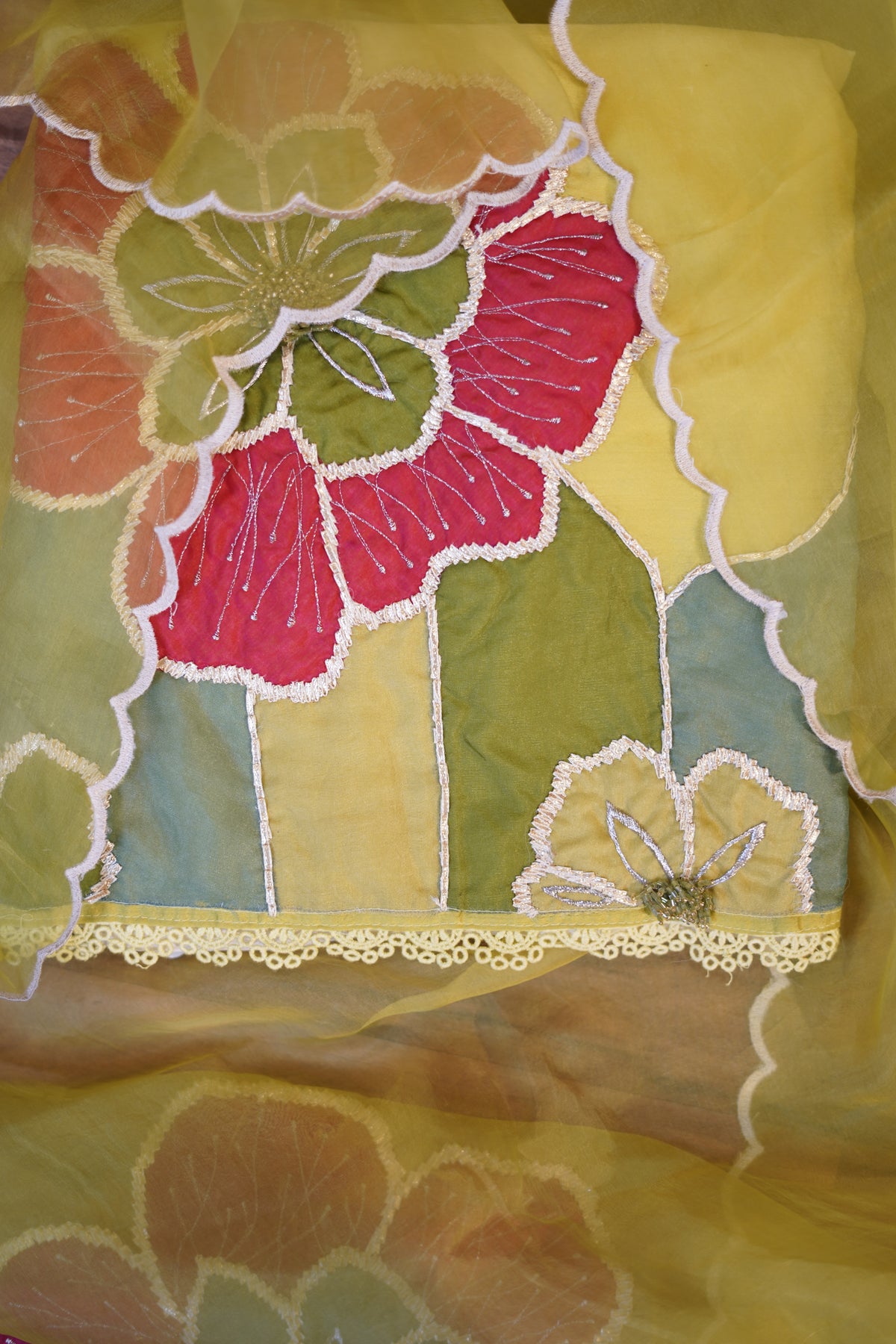 Pure Maheshwari Suit with Dual-Tone Appliqué and Organza Dupatta