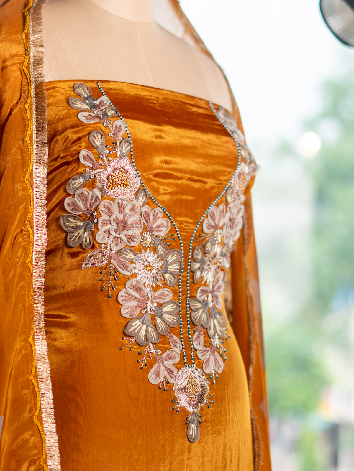 Silk Shirt, Crepe Bottom & Handpainted Dupatta Set
