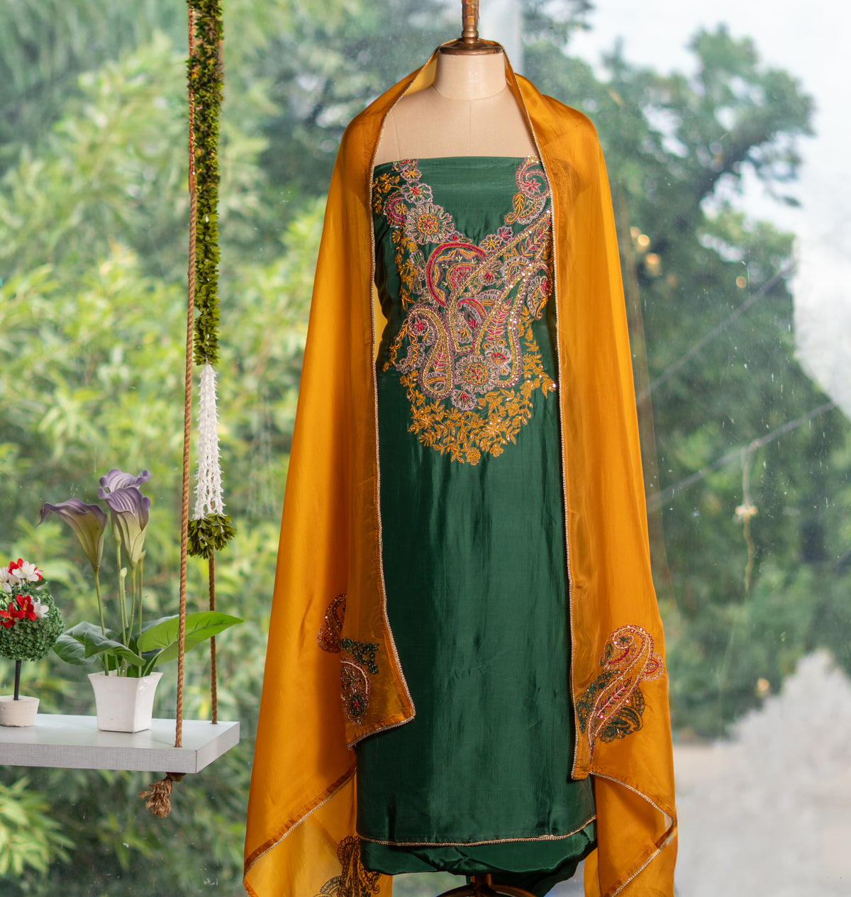 Silk Shirt, Crepe Bottom & Contrast Dupatta Set