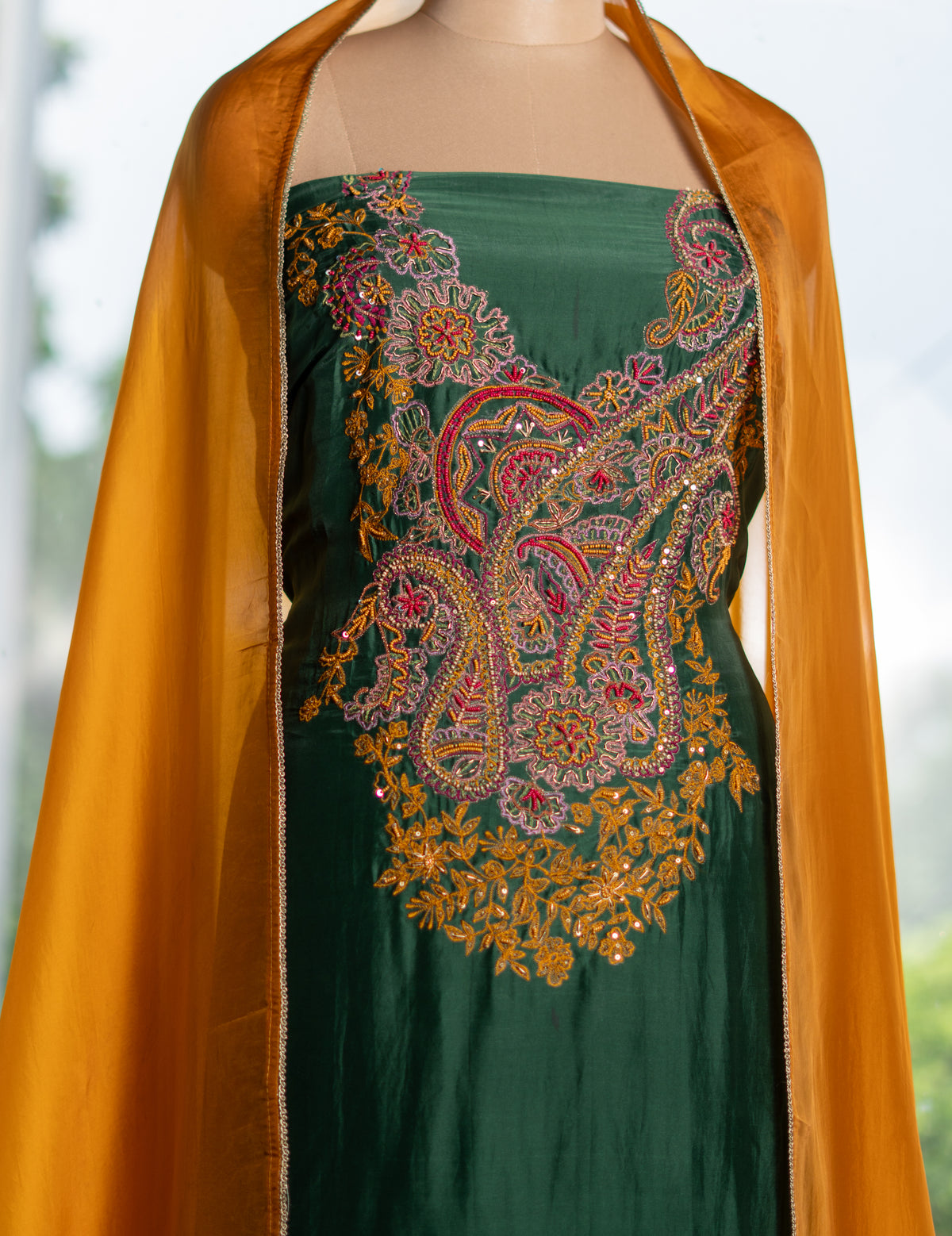 Silk Shirt, Crepe Bottom & Contrast Dupatta Set