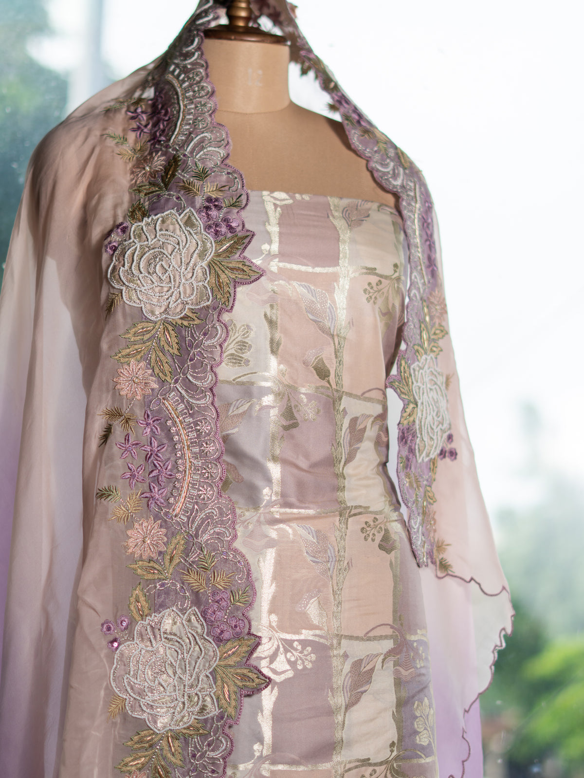 Banarasi Shirt with Scalloped Embroidery & Organza Shading Dupatta