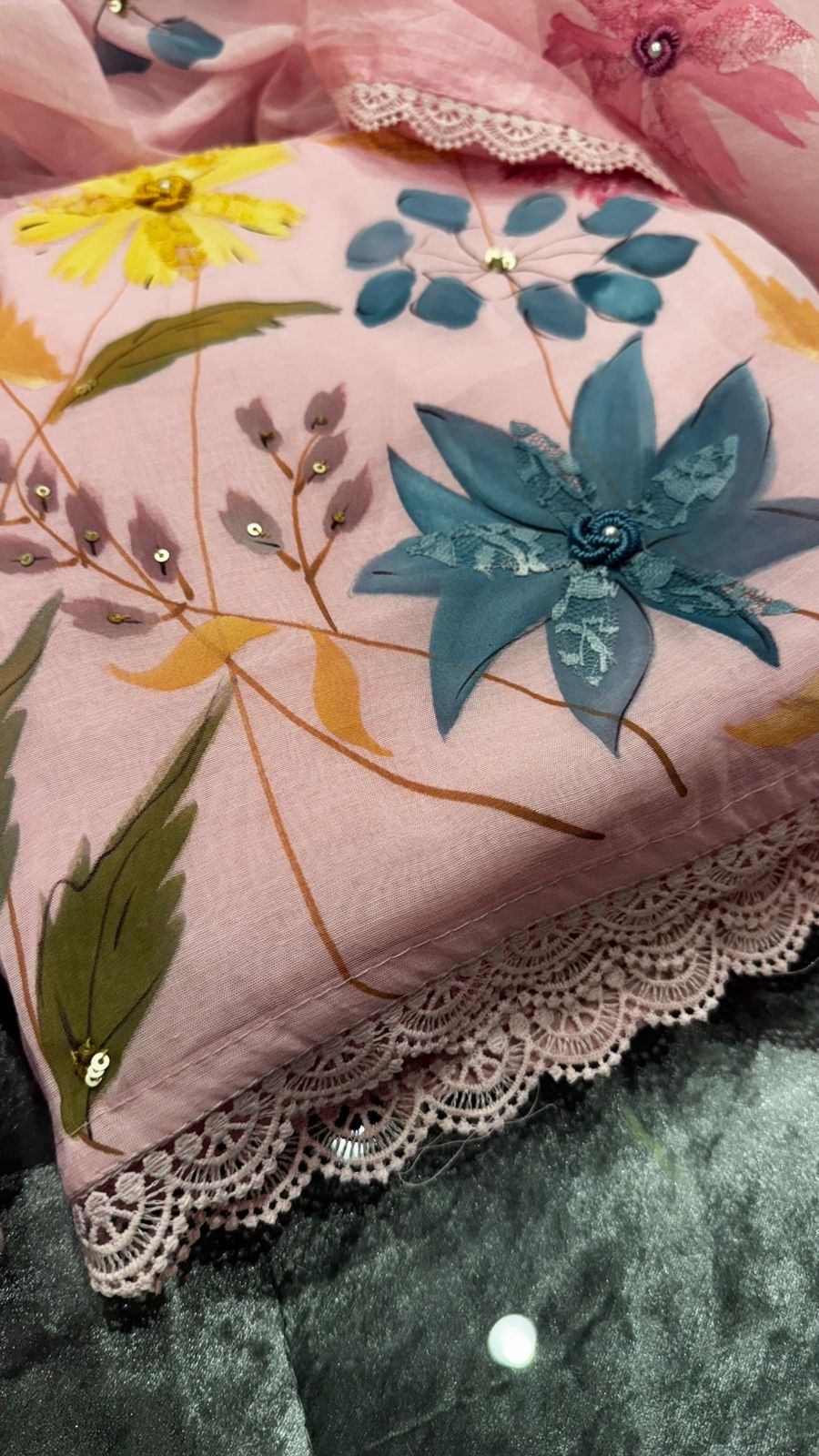 Pure Mul Mul Handprint with Lace Highlights over the Floral Pattern with Handprinted Mulmul Dupatta