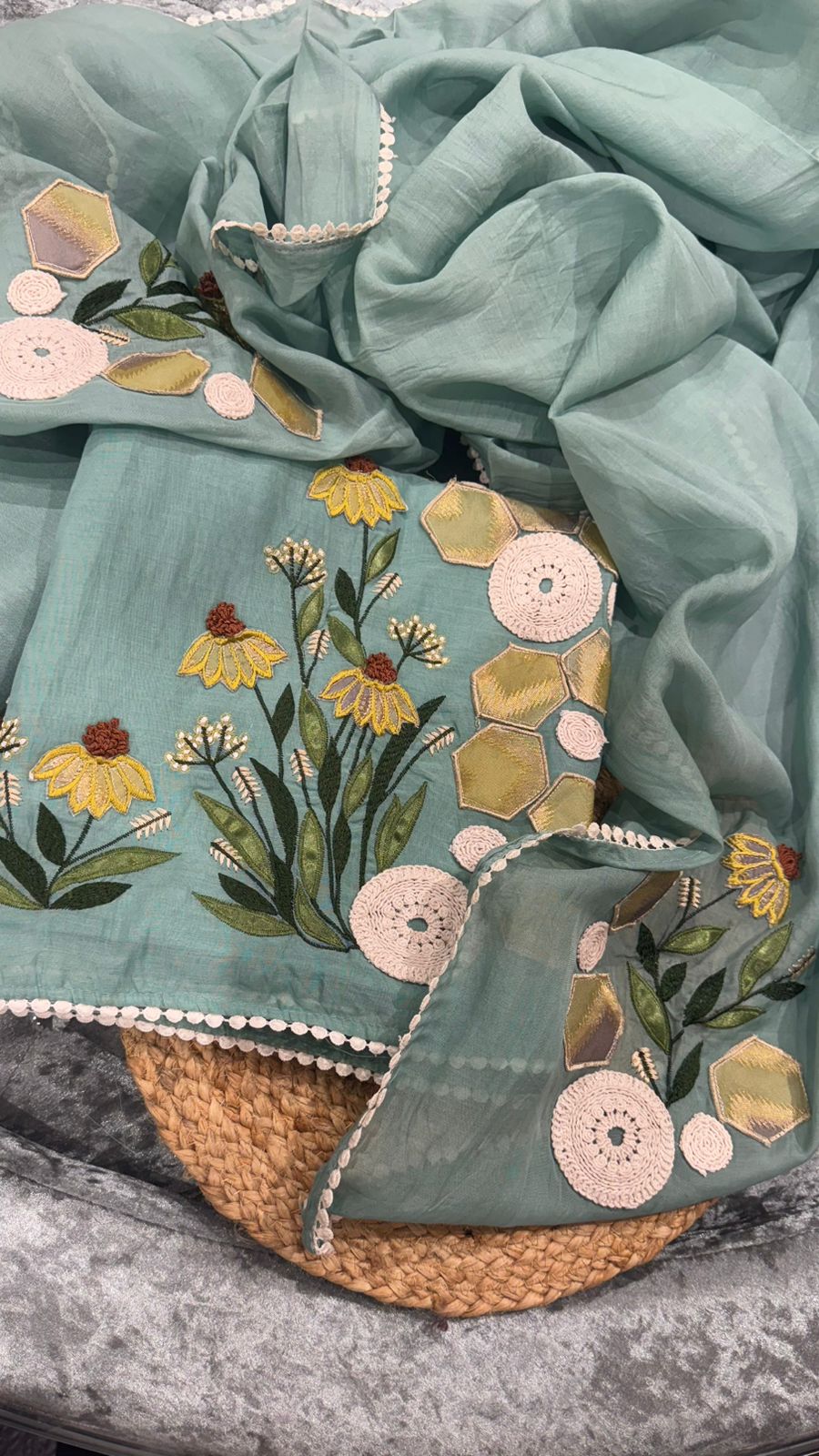 Pure Mulmul with scollaping work of gotta, lace and fabrics a beautiful combination of elegance with beauty