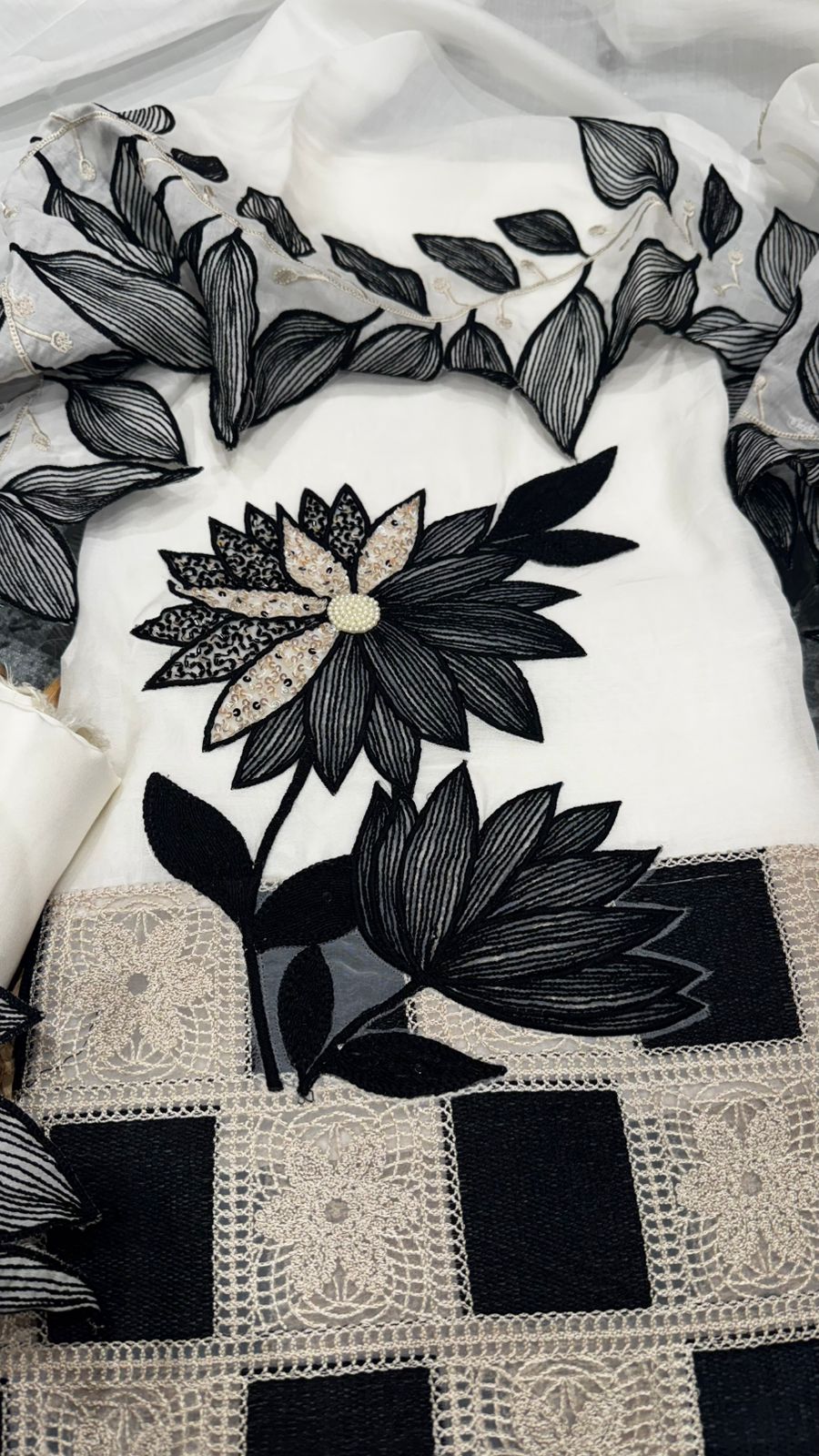 Pure Mulmul fabric shirt with intricate thread work and pearl beat handwork, lacework panel and Mulmul dupatta with beautiful scalloping border