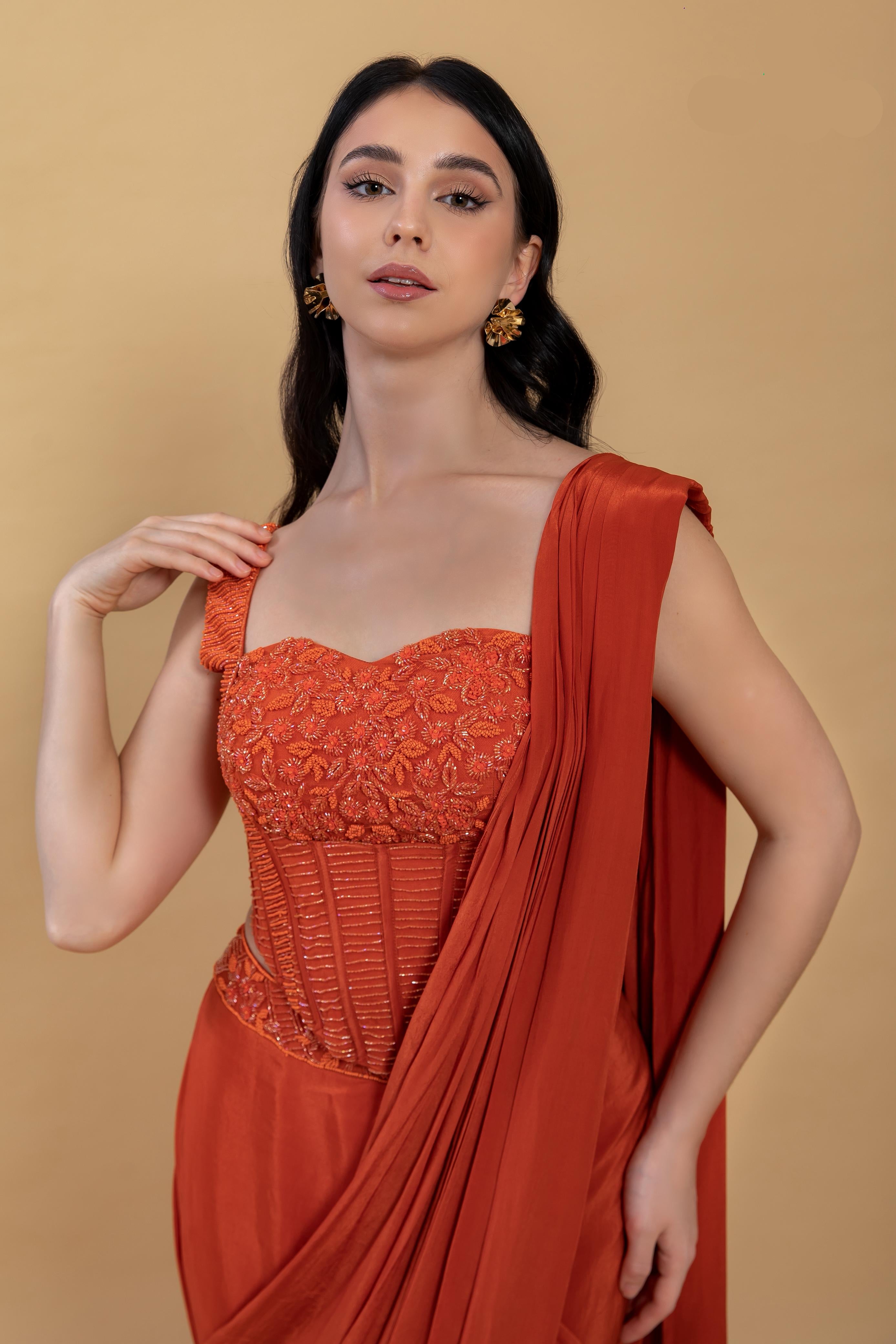 Pure Crape fabric ready to wear saree with corset blouse with beautiful handwork