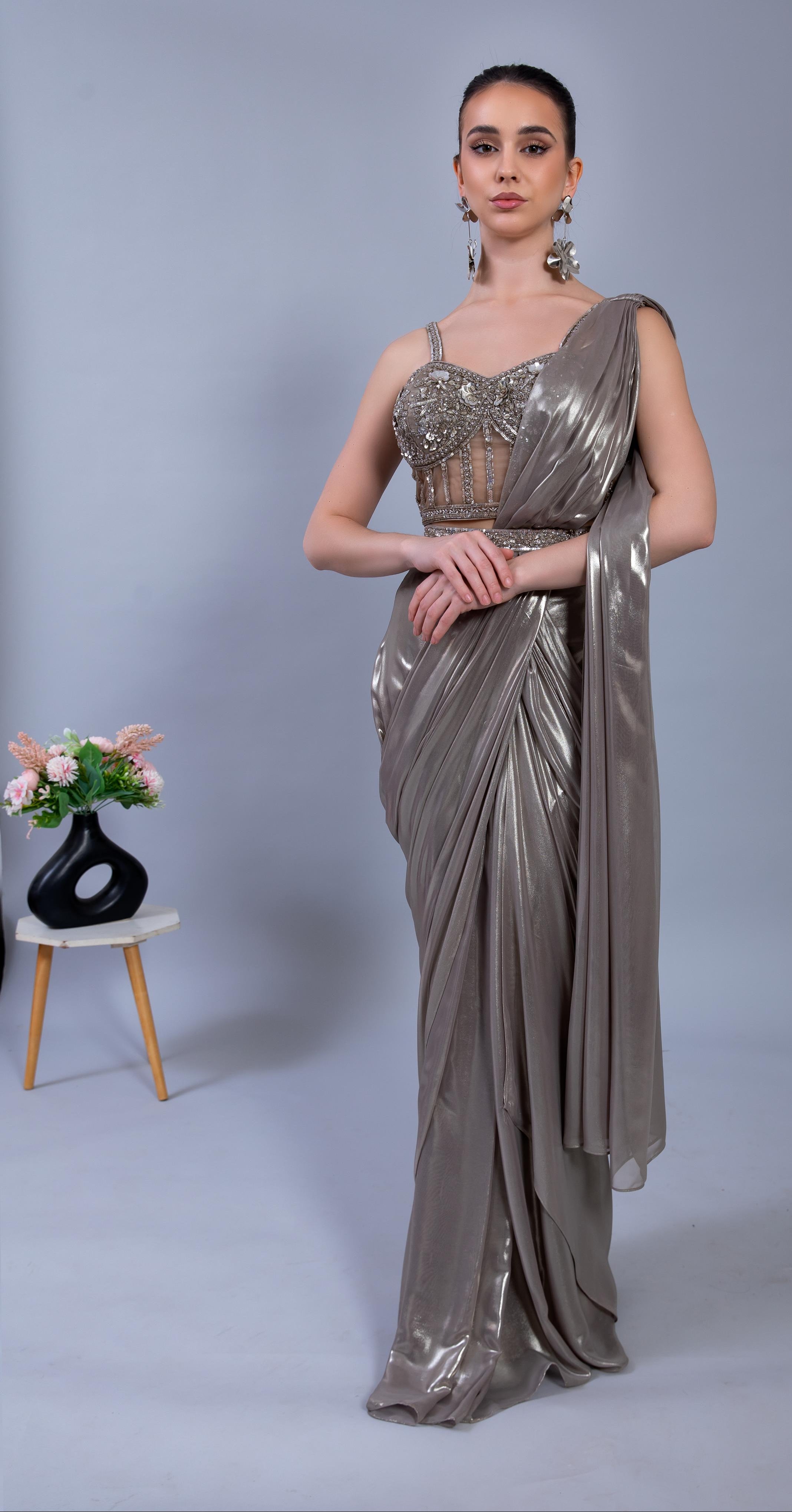 Imported fabric ready to wear saree with corset blouse with beautiful handwork