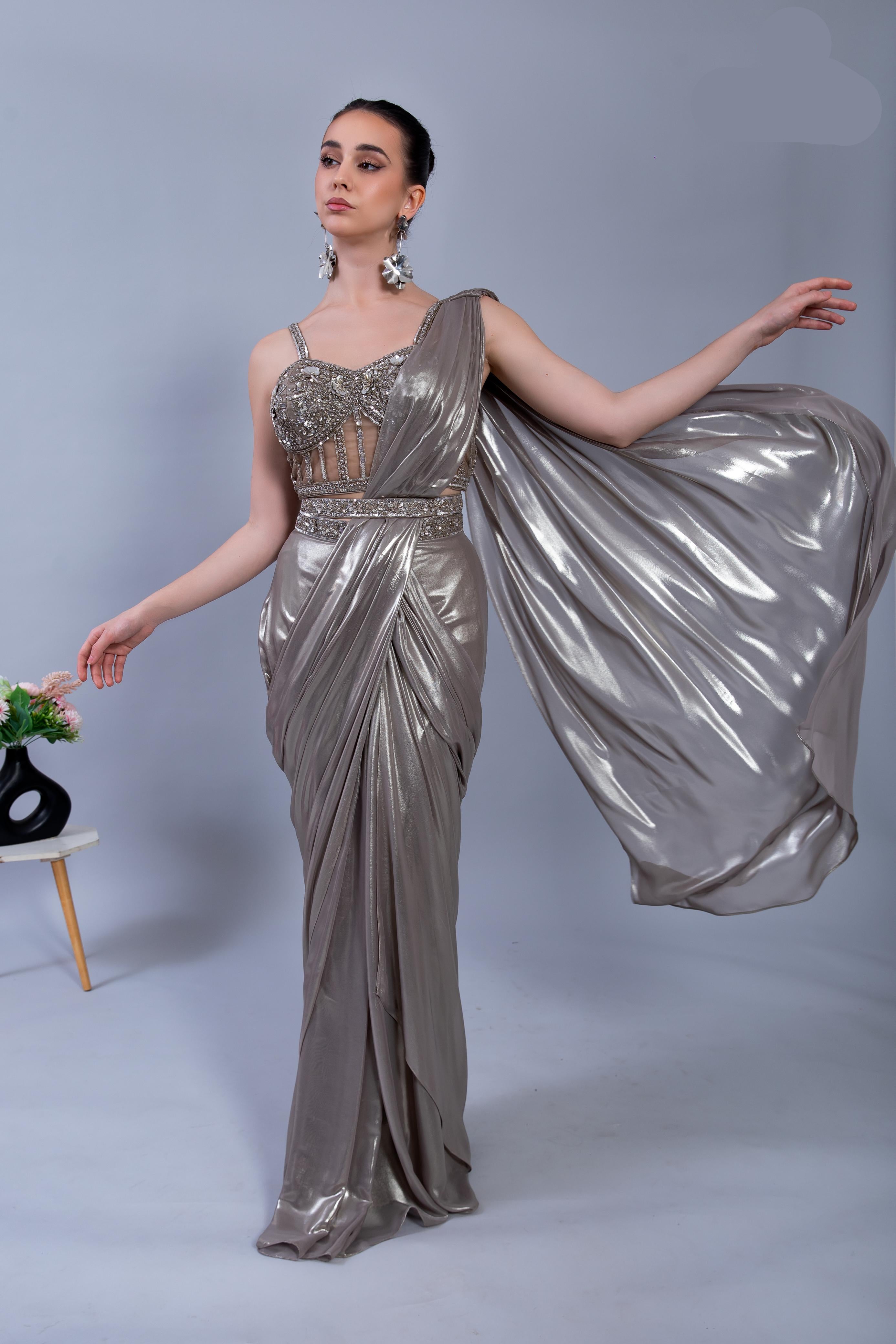 Imported fabric ready to wear saree with corset blouse with beautiful handwork