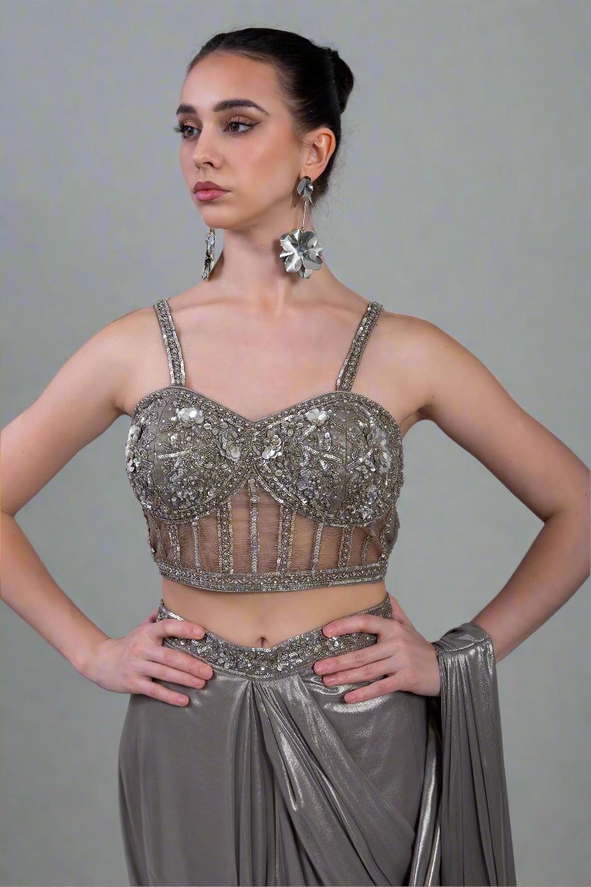 Imported fabric ready to wear saree with corset blouse with beautiful handwork