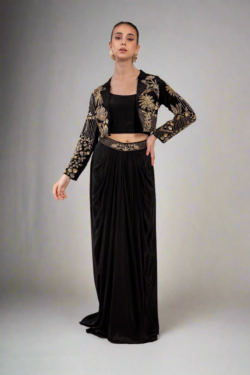 Pure Crape fabric attitre with handwork jacket, inner and classy bottom with work on belt area