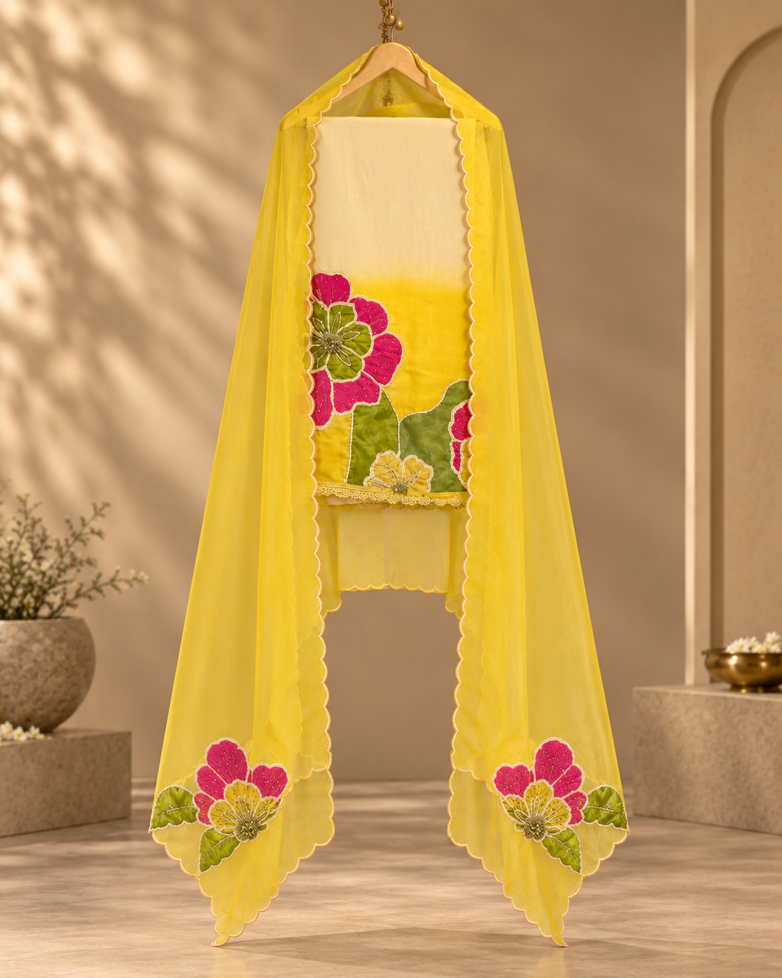 Pure Maheshwari Suit with Dual-Tone Appliqué and Organza Dupatta