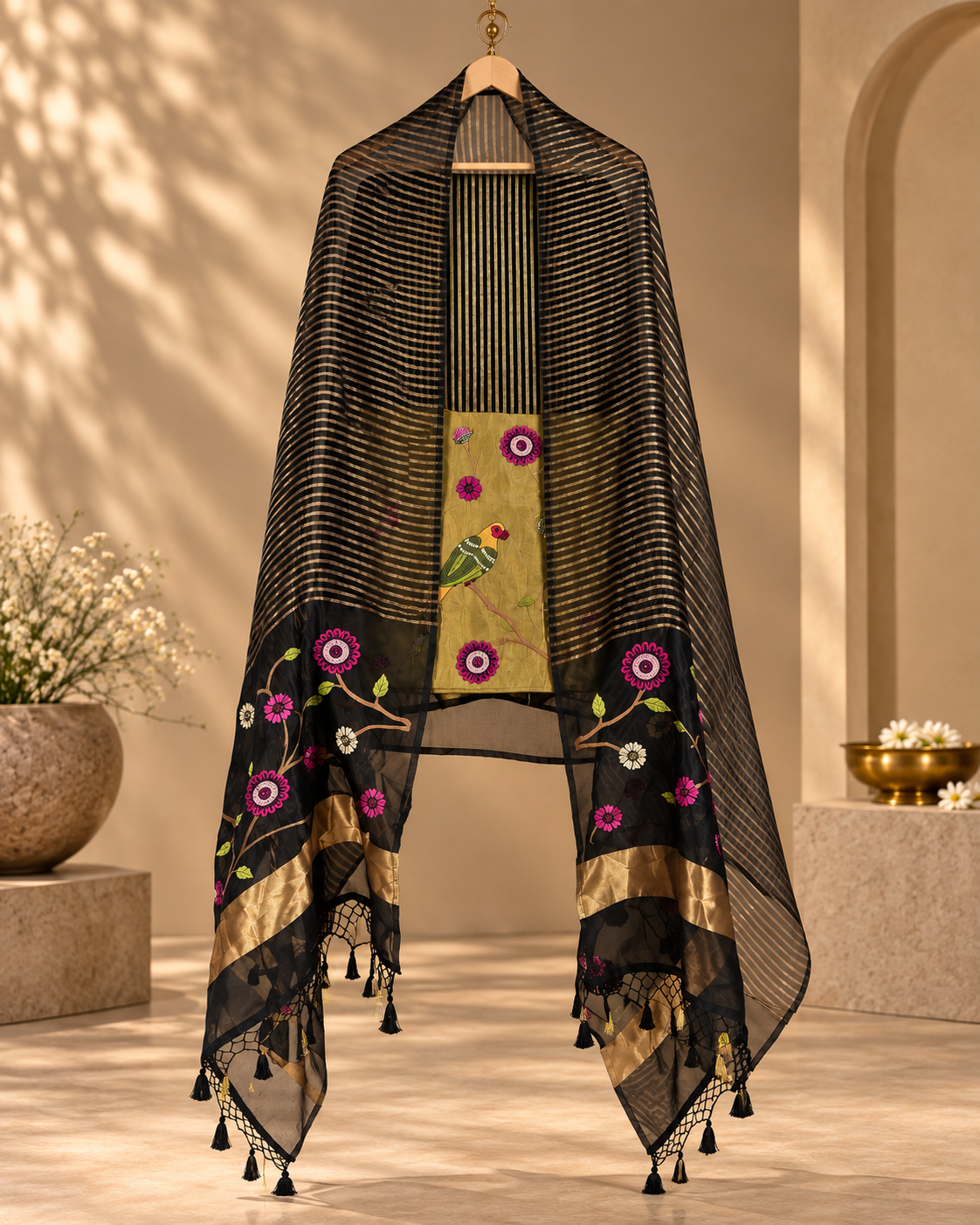 Pure Silk Organza and Banarasi Tissue Bird Motif Suit