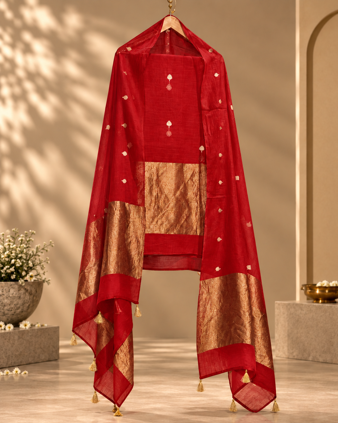 Rust Pure Mul Banarasi Weave Suit with Flowing Dupatta
