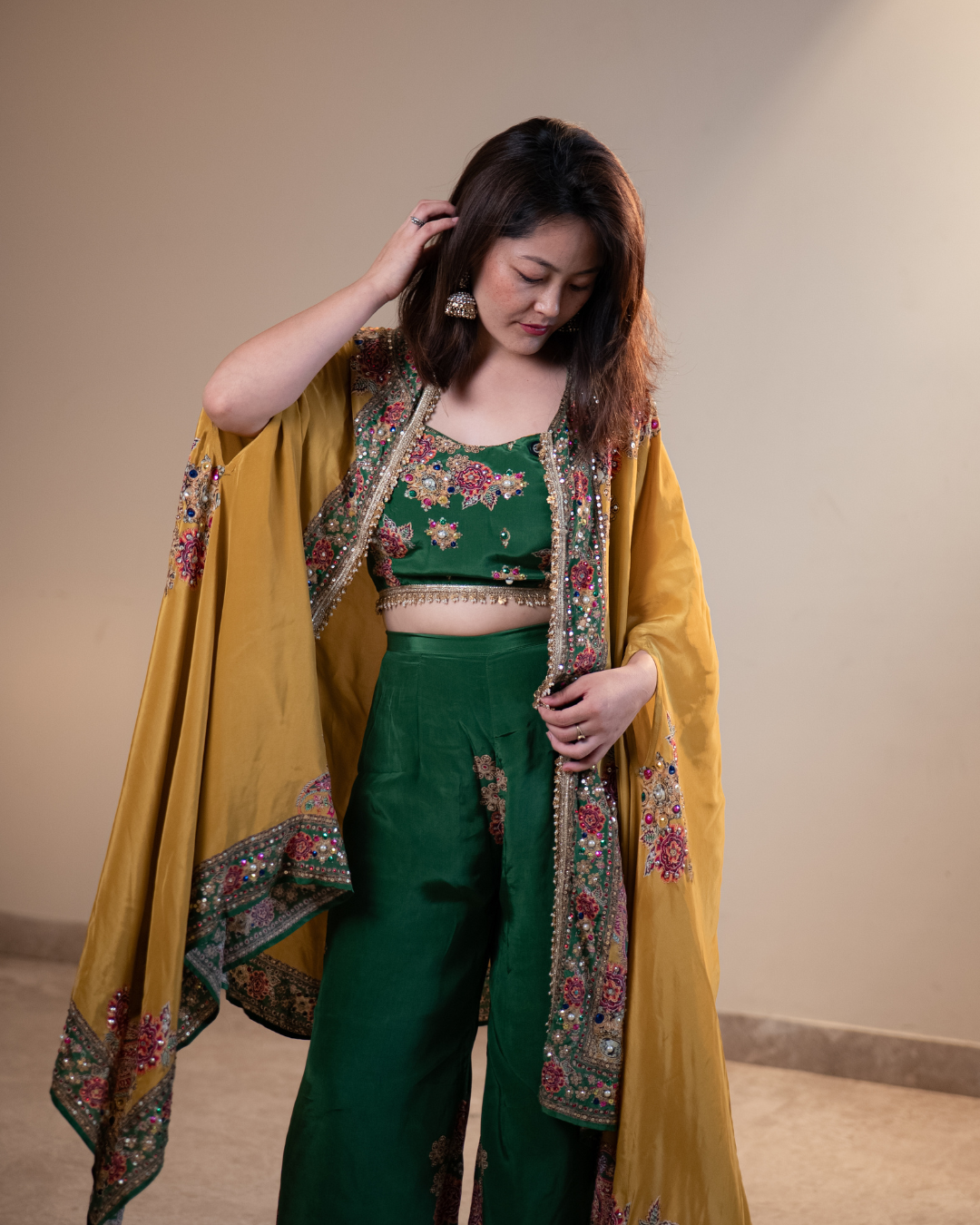 Pure Crepe Indo-Western 3-Piece Dress with Digital Print & Handwork