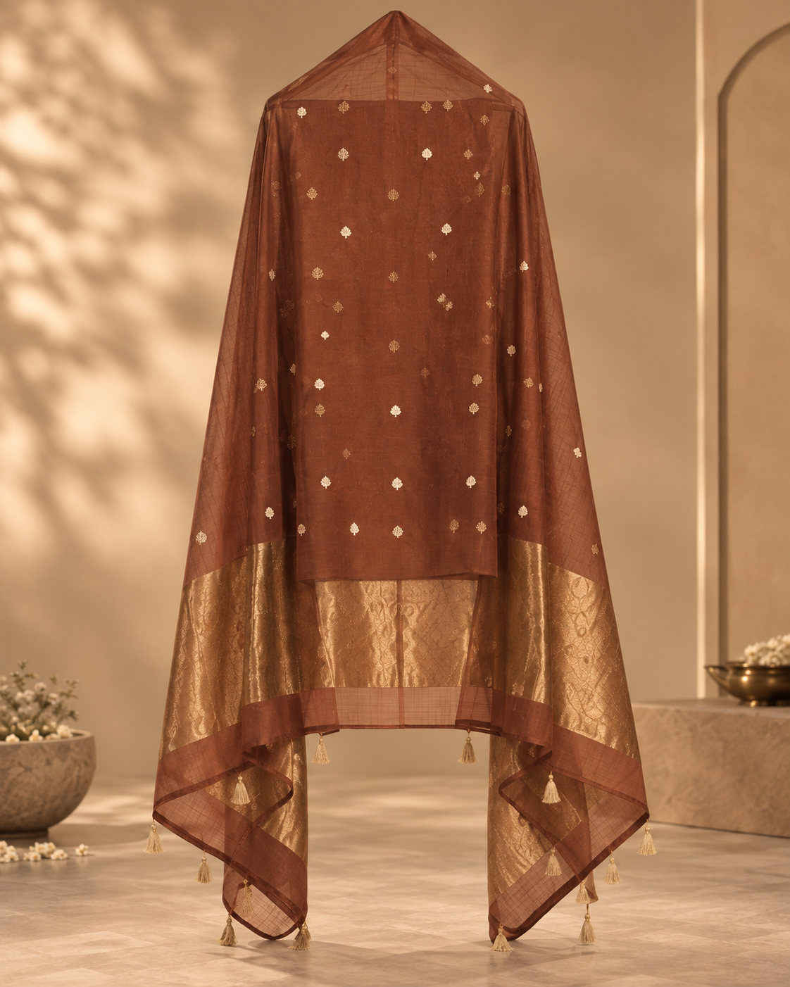 Mazenta Pure Mul Banarasi Weave Suit with Flowing Dupatta