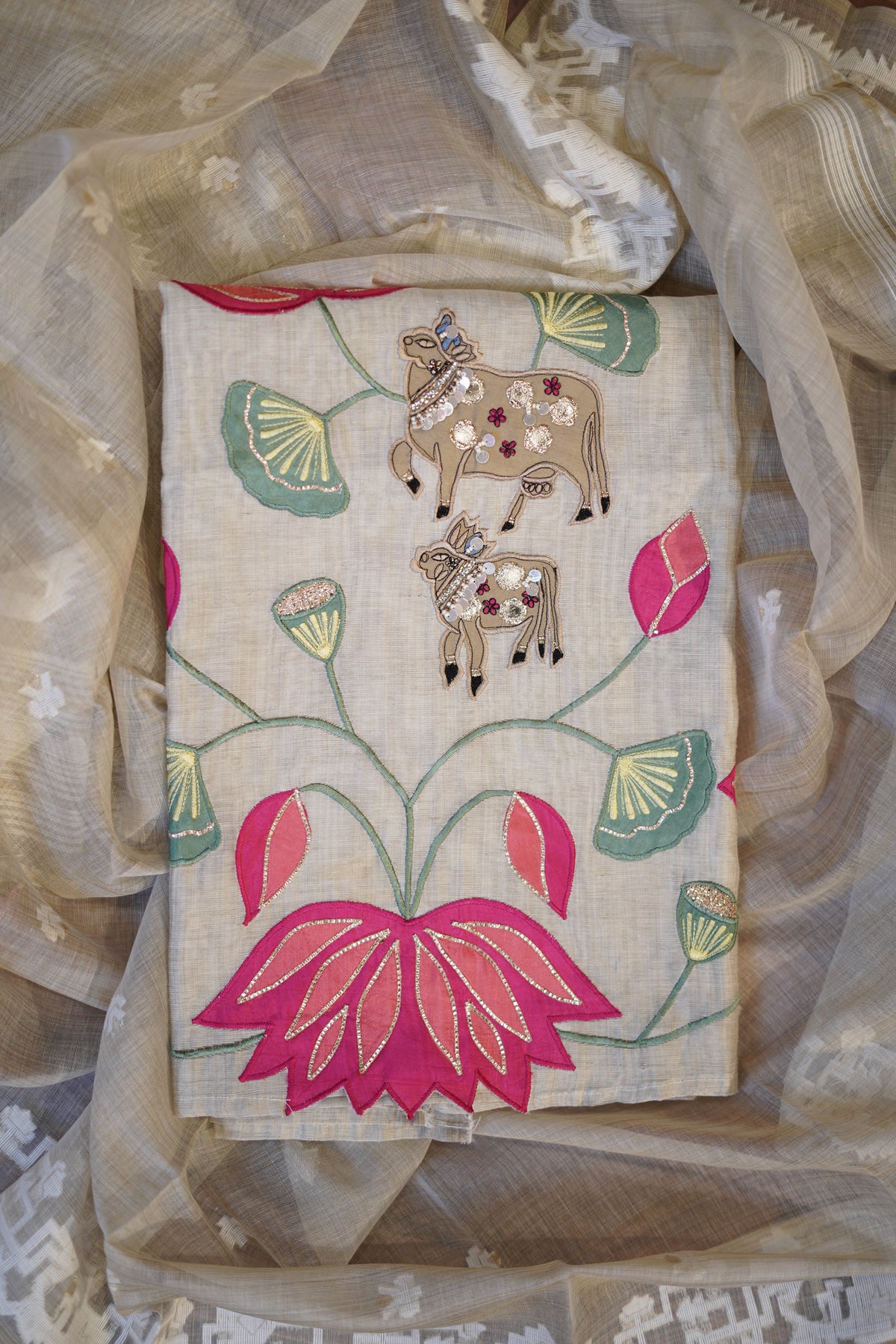 Pichwai-Inspired Pure Jamdani Suit with Woven Dupatta