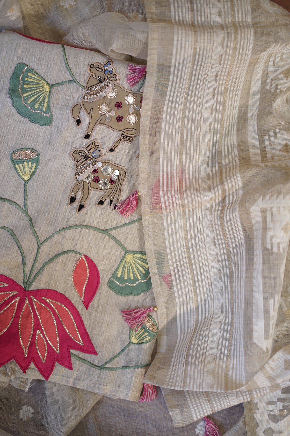 Pichwai-Inspired Pure Jamdani Suit with Woven Dupatta