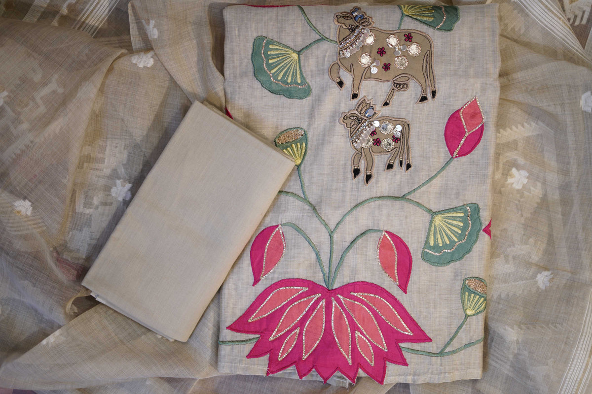 Pichwai-Inspired Pure Jamdani Suit with Woven Dupatta