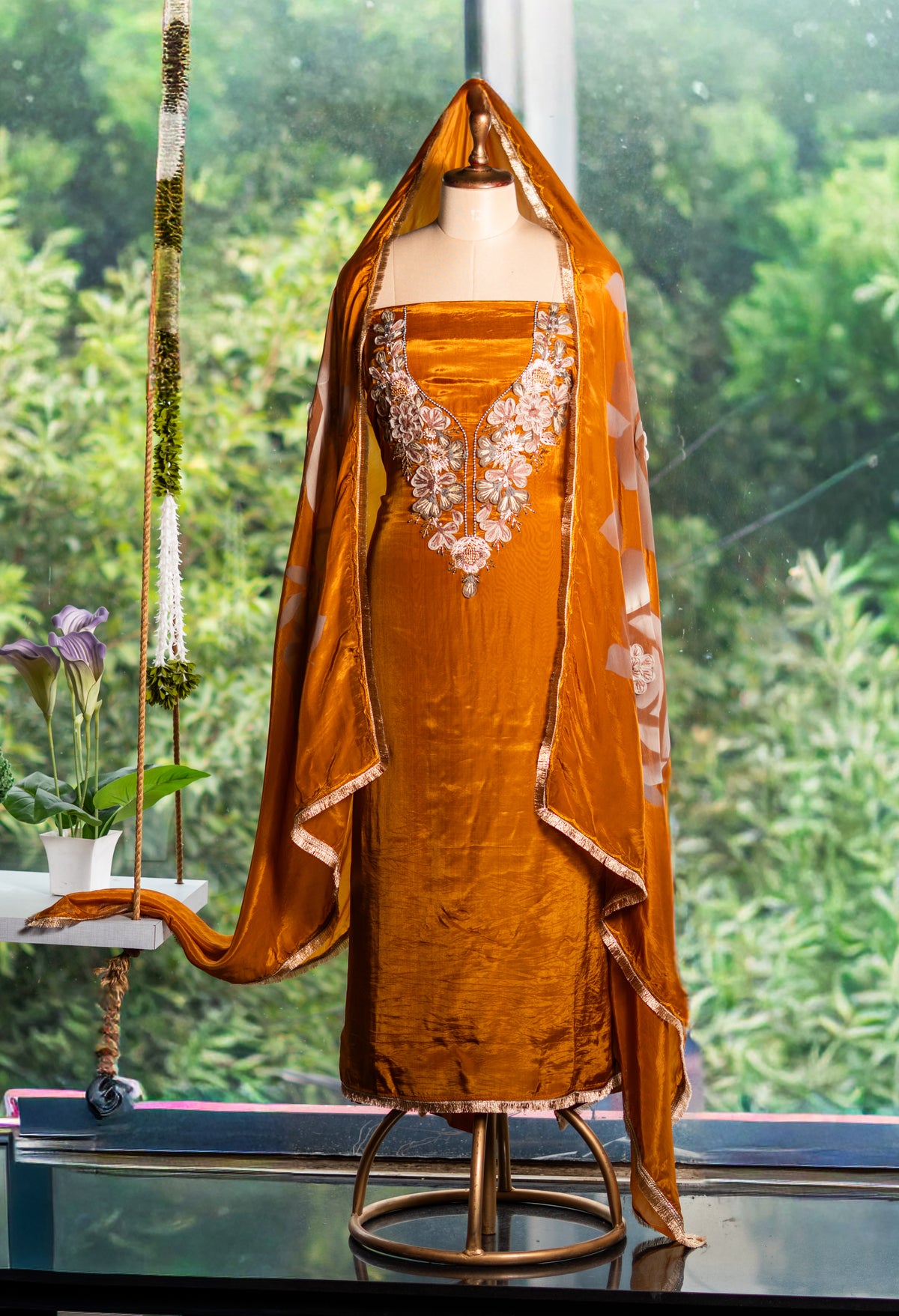 Silk Shirt, Crepe Bottom &amp; Handpainted Dupatta Set