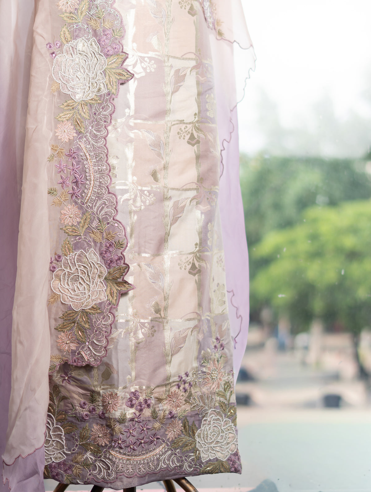 Banarasi Shirt with Scalloped Embroidery & Organza Shading Dupatta