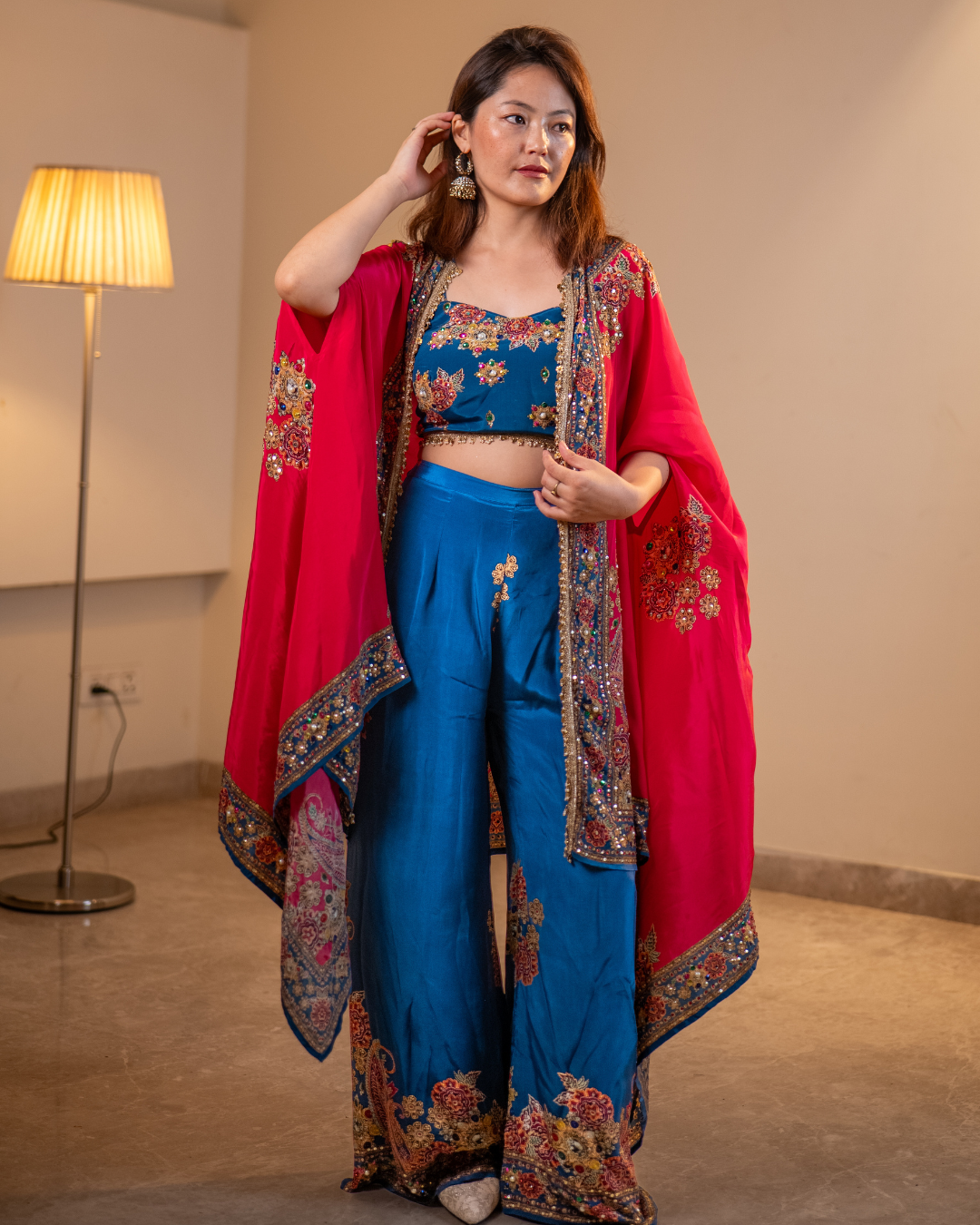 Pure Crepe Indo-Western 3-Piece Set with Digital Print & Handwork