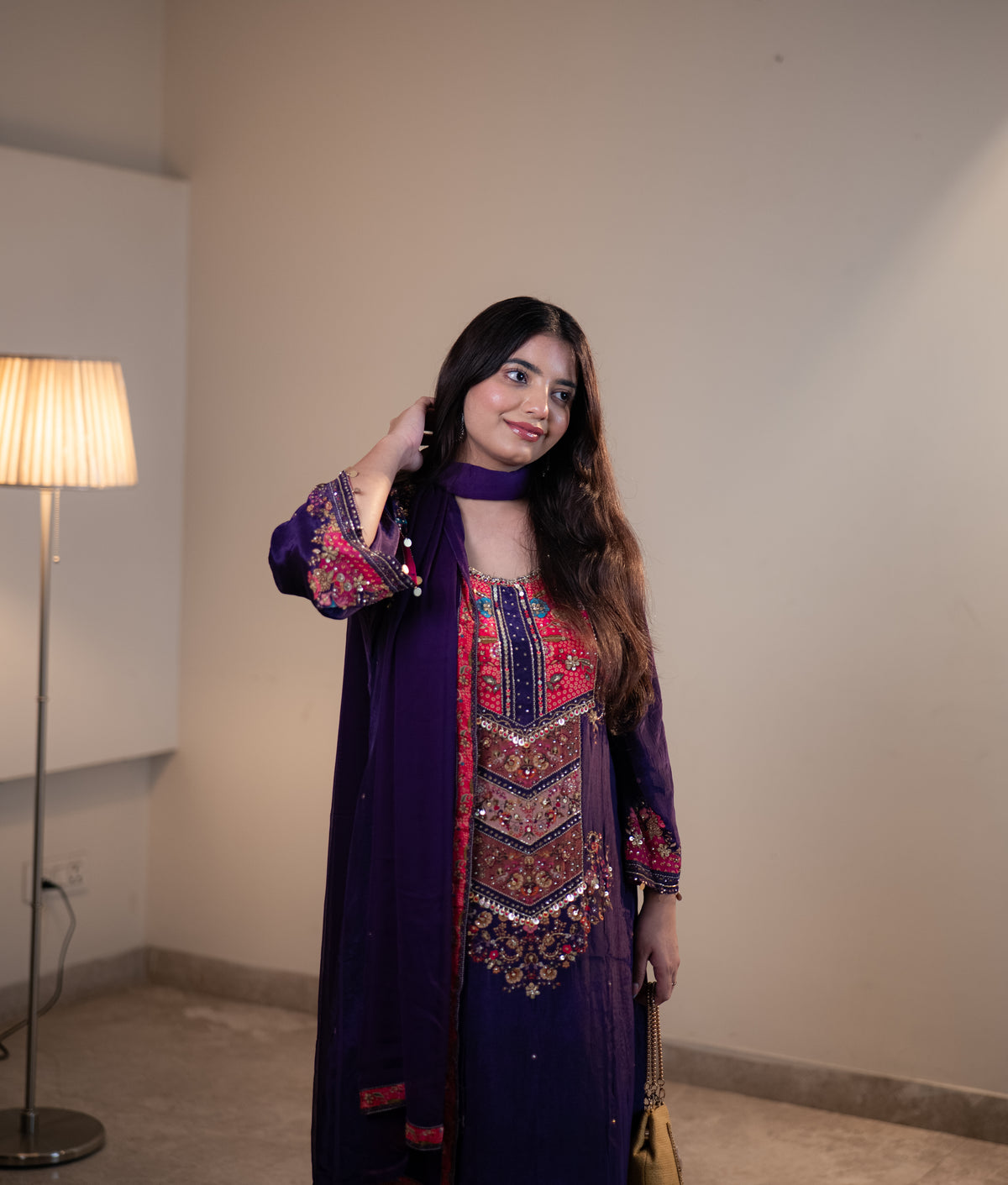 Pure Crepe A-Line Digital Printed Suit with Handwork