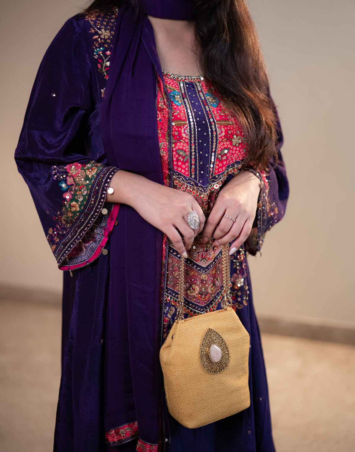 Pure Crepe A-Line Digital Printed Suit with Handwork