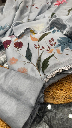Pure Mul Mul Handprint with Lace Highlights over the Floral Pattern with Handprinted Mulmul Dupatta