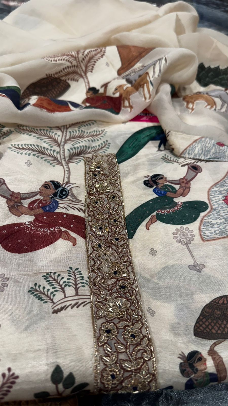 Pure Muslin with digital print with handwork neck panel with organza dupatta with appliqué work