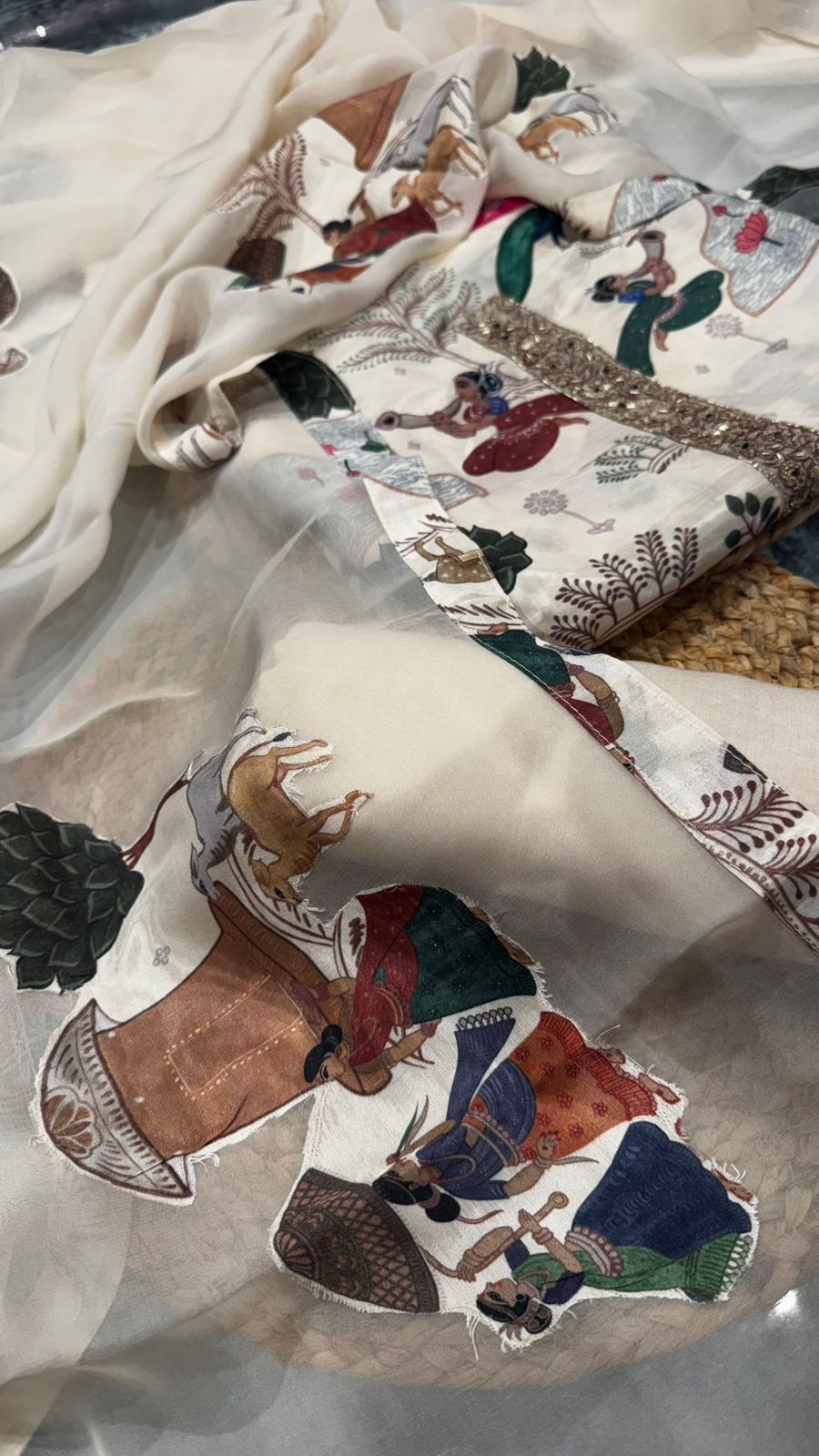 Pure Muslin with digital print with handwork neck panel with organza dupatta with appliqué work