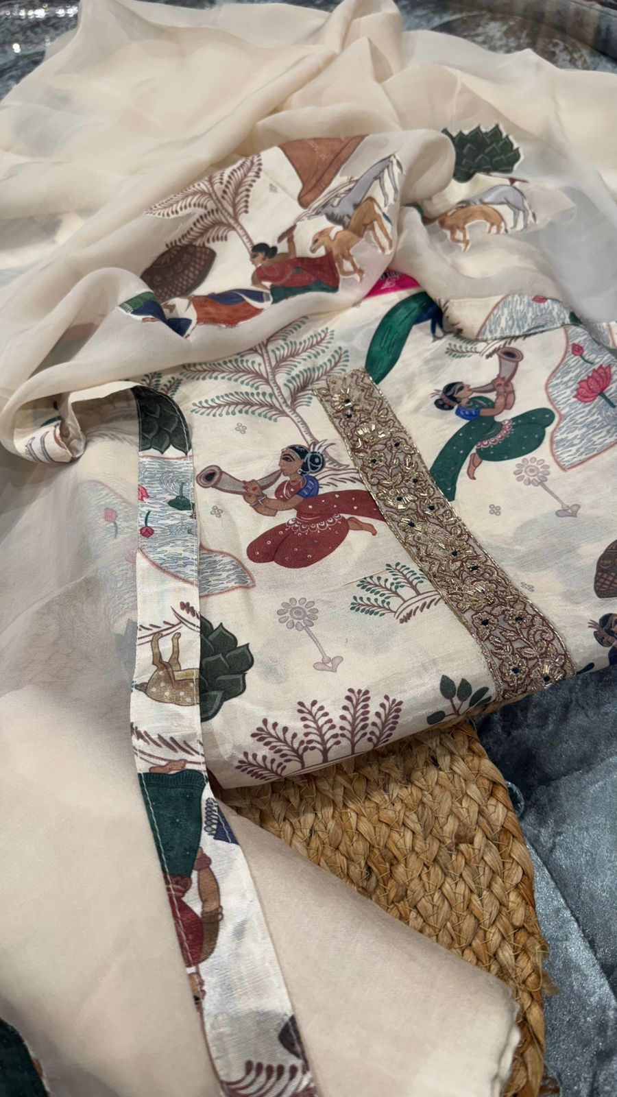 Pure Muslin with digital print with handwork neck panel with organza dupatta with appliqué work