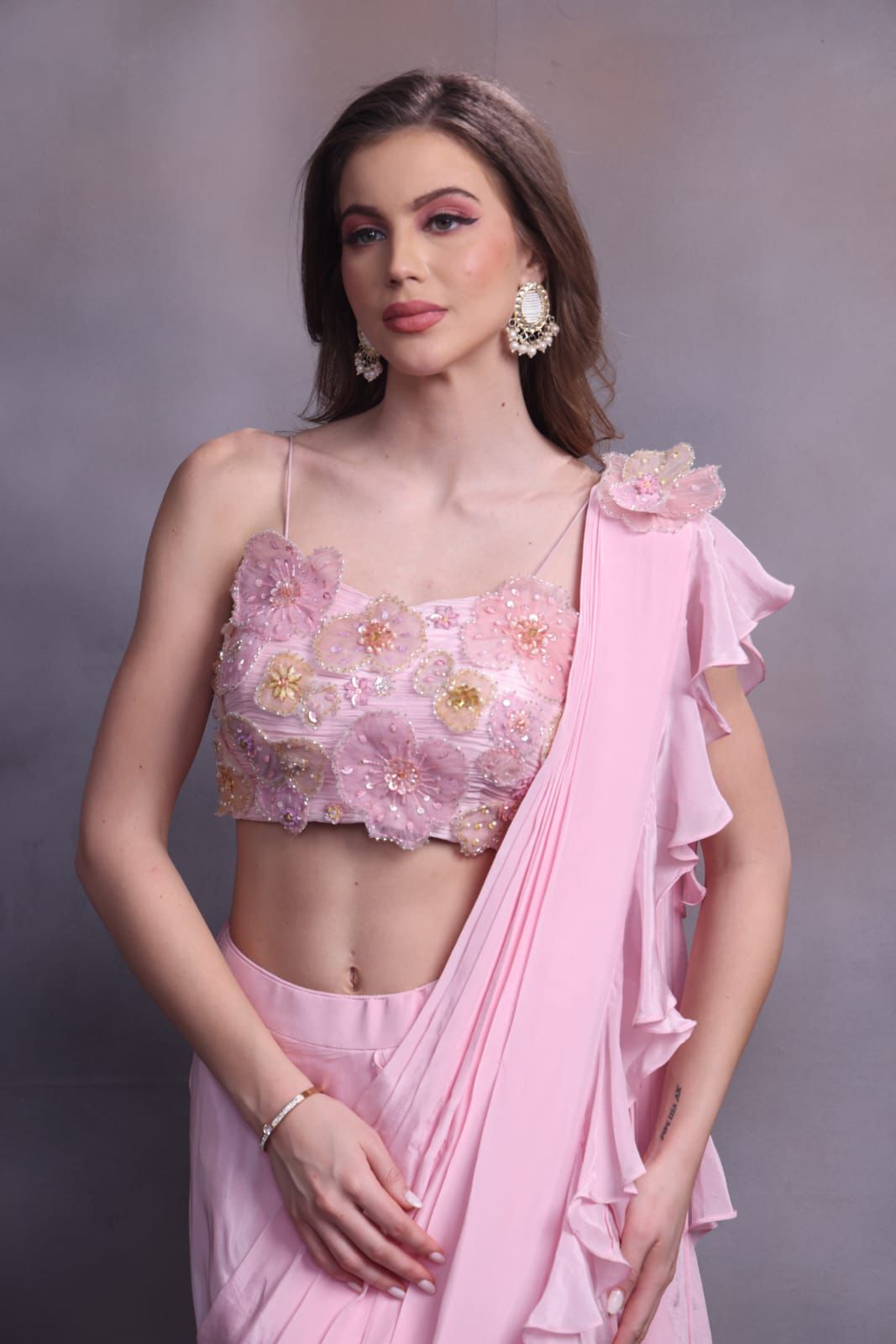 Pure crape ready to wear saree with blouse with 3D pattern floral bead pearl work