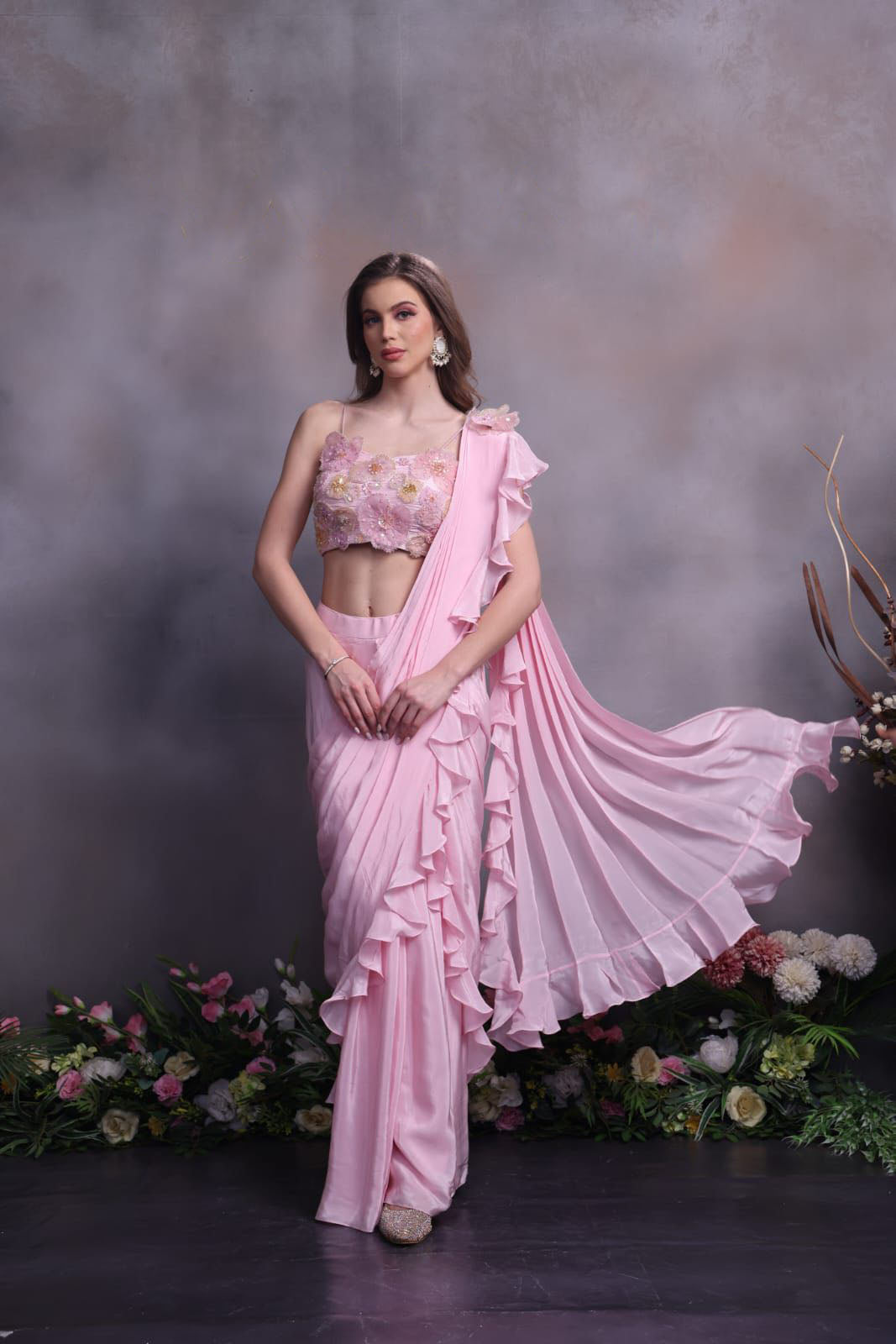 Pure crape ready to wear saree with blouse with 3D pattern floral bead pearl work