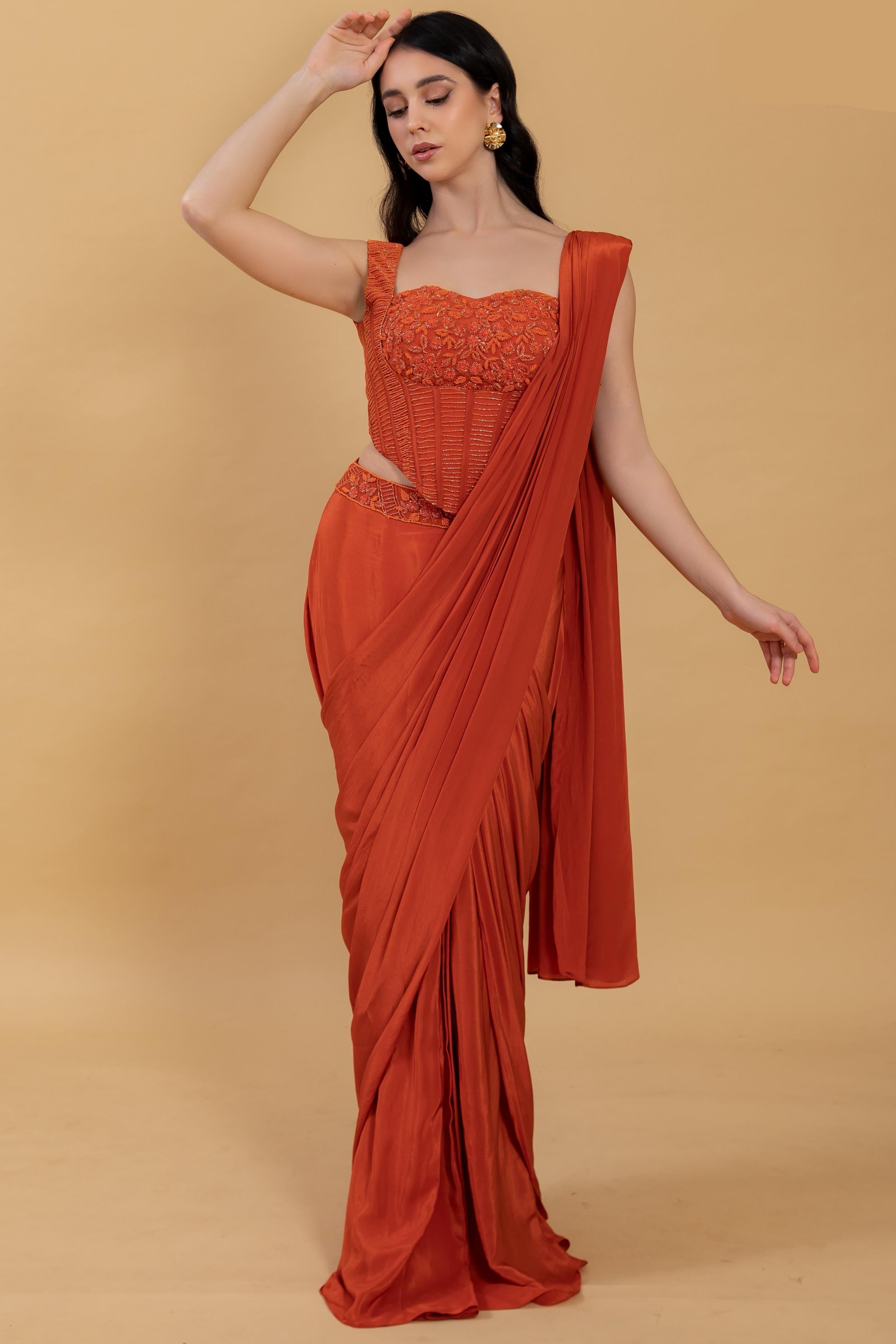 Pure Crape fabric ready to wear saree with corset blouse with beautiful handwork