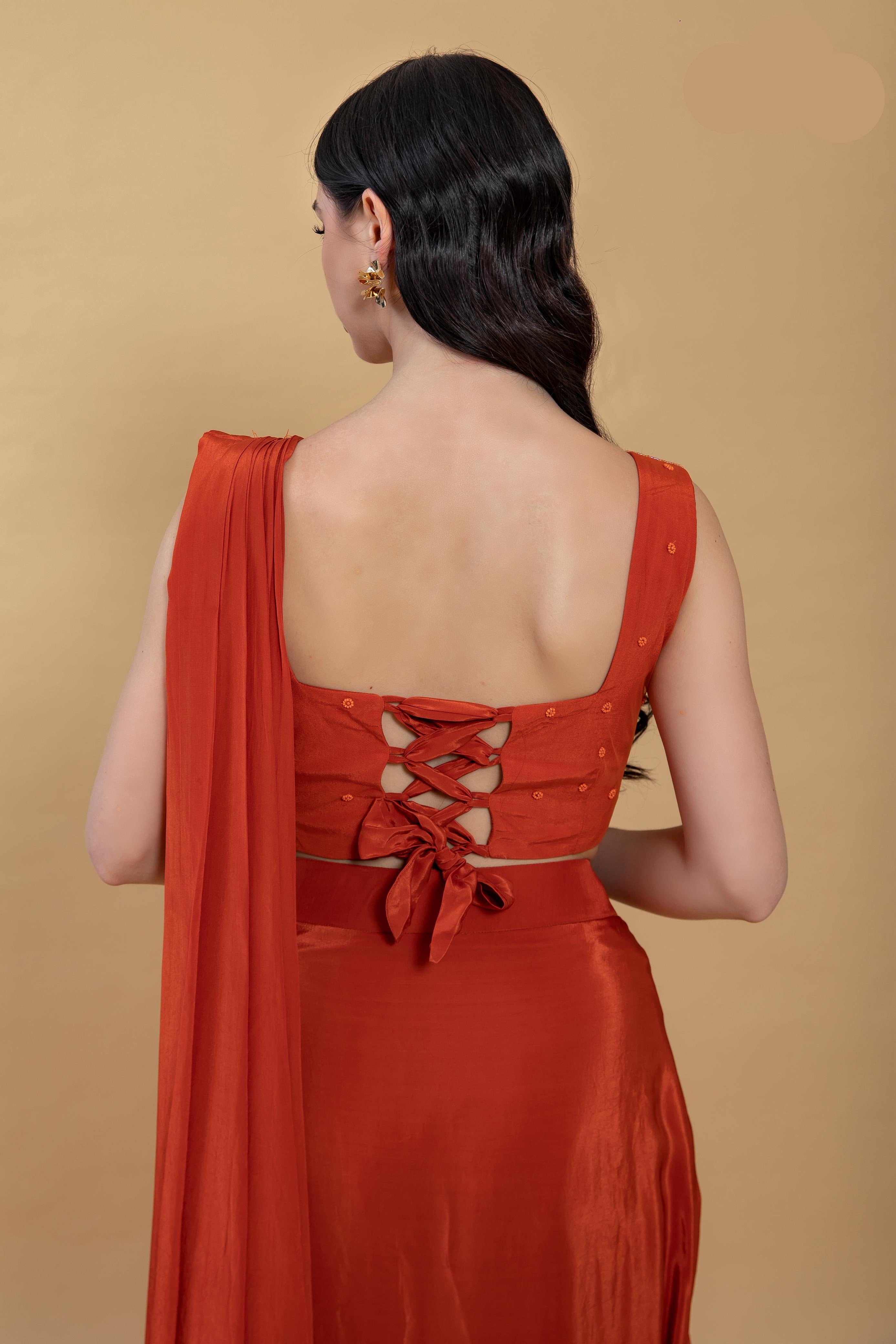 Pure Crape fabric ready to wear saree with corset blouse with beautiful handwork