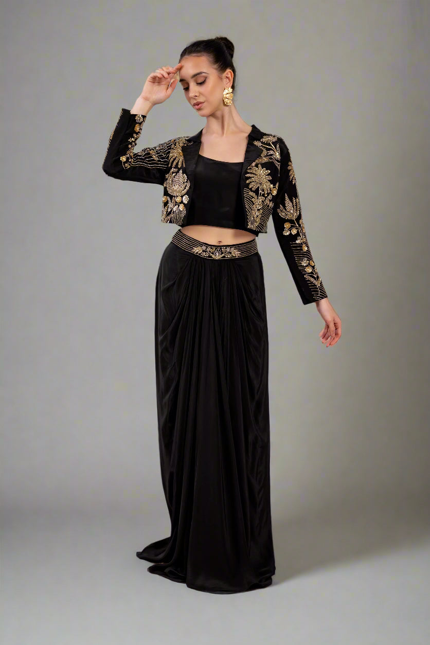 Pure Crape fabric attitre with handwork jacket, inner and classy bottom with work on belt  area