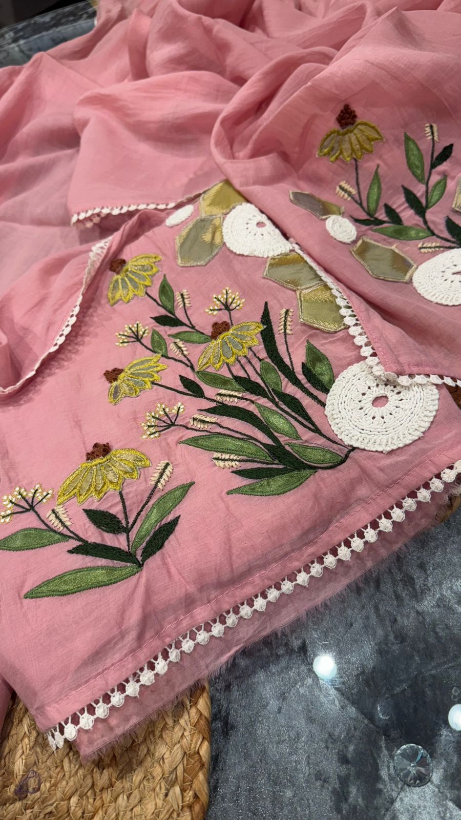 Pure Mulmul with scollaping work of gotta, lace and fabrics a beautiful combination of elegance with beauty