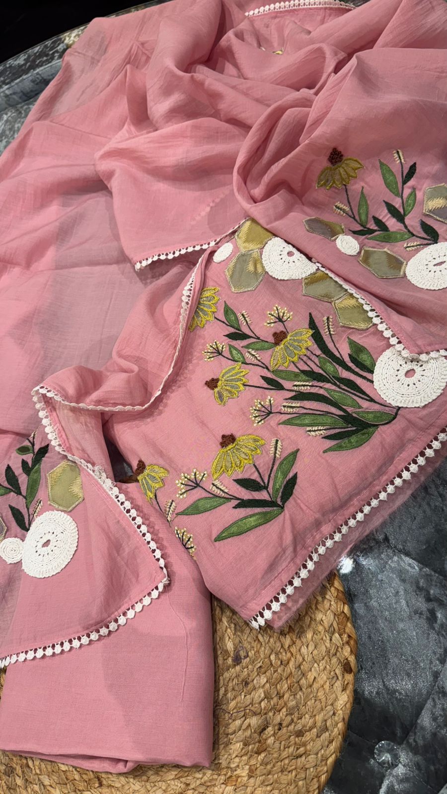 Pure Mulmul with scollaping work of gotta, lace and fabrics a beautiful combination of elegance with beauty