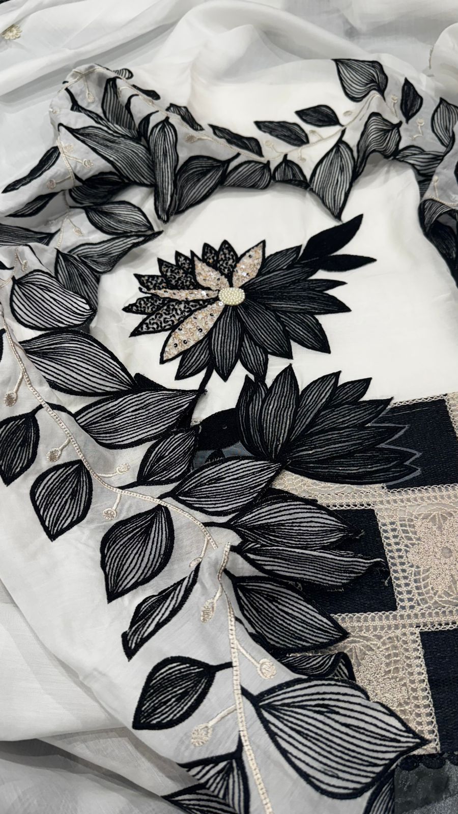 Pure Mulmul fabric shirt with intricate thread work and pearl beat handwork, lacework panel and Mulmul dupatta with beautiful scalloping border