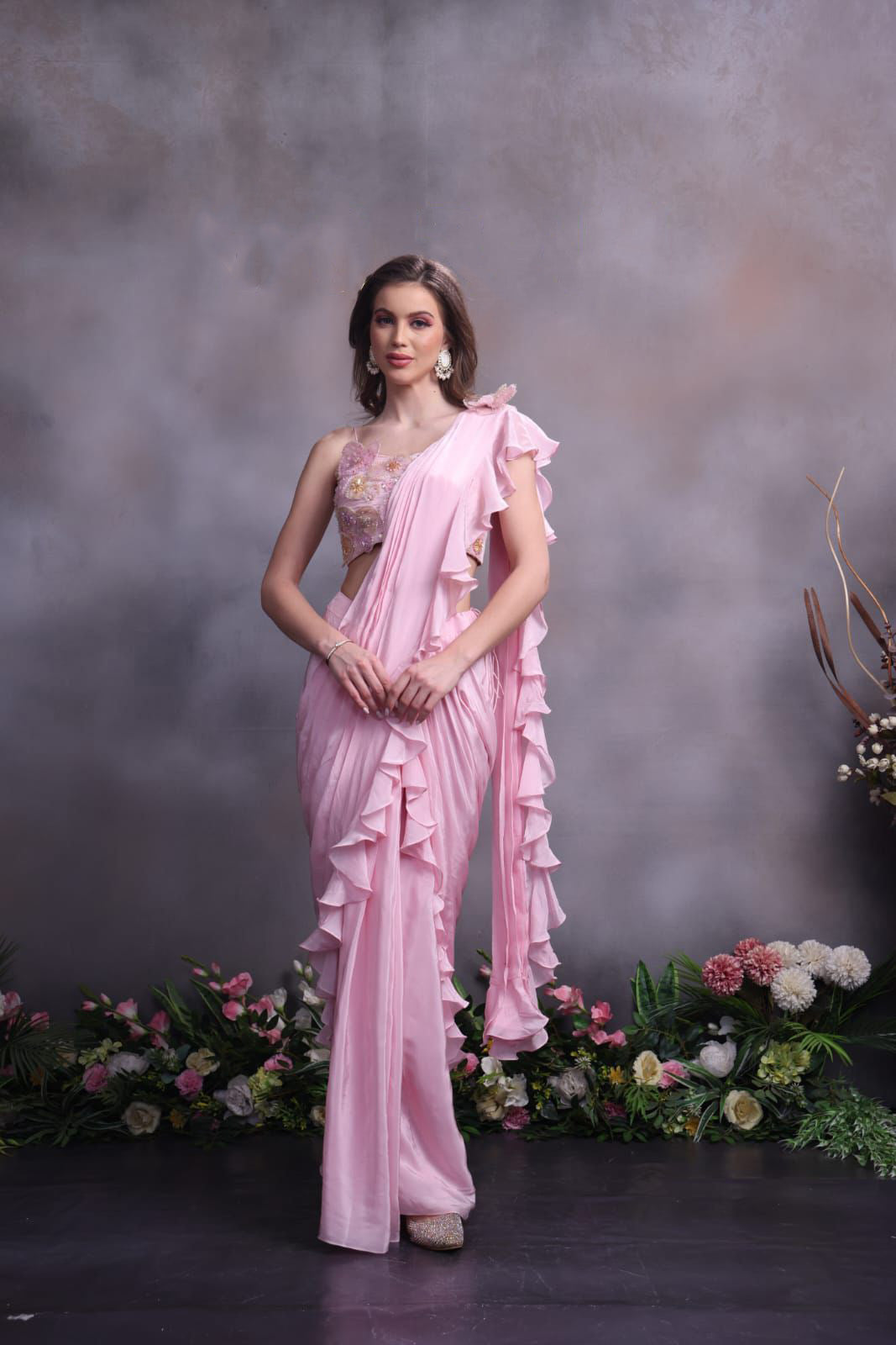 Pure crape ready to wear saree with blouse with 3D pattern floral bead pearl work